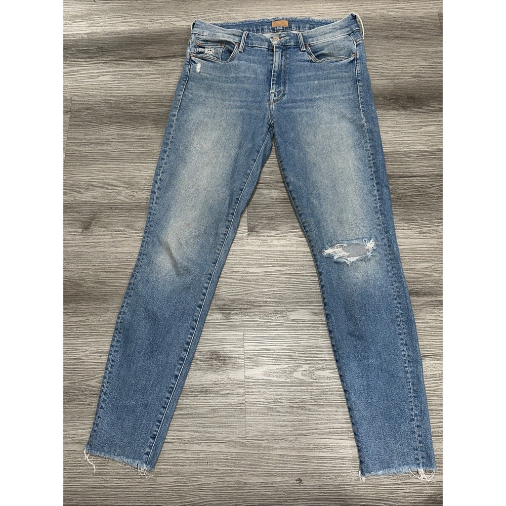 Mother Looker Ankle Fray Jeans Womens 30 Blue Love Gun Distressed Stretch Denim